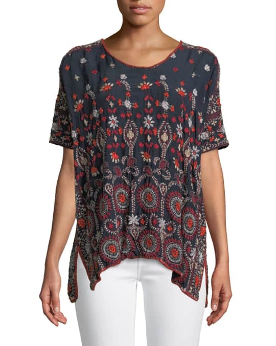 Johnny Was Melia Short-Sleeve Embroidered Blouse | Neiman Marcus