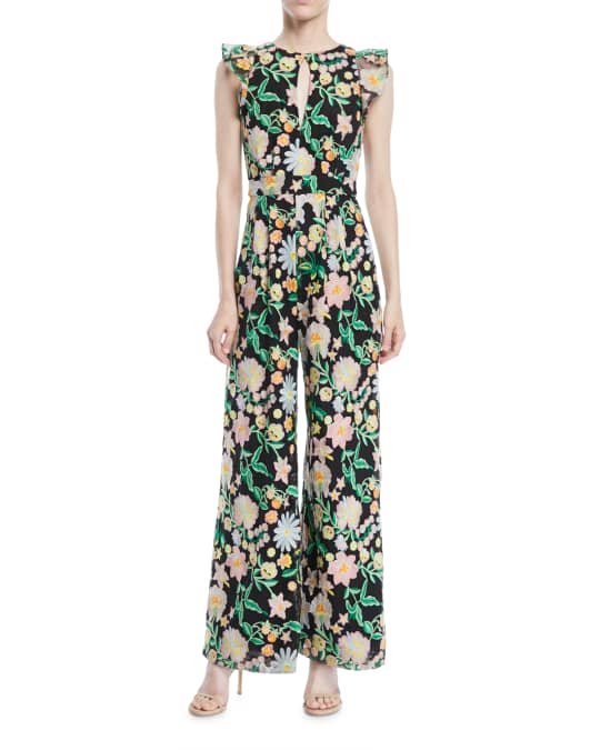 ML Monique Lhuillier Floral Jumpsuit w/ Keyhole Front & Flounce Sleeves ...