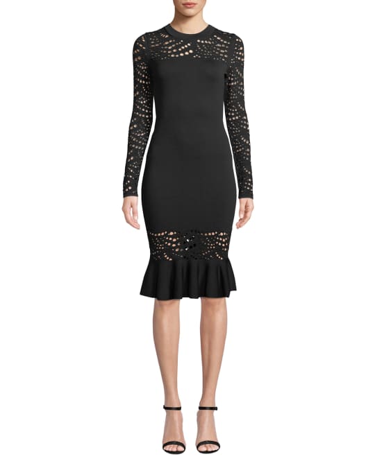 Milly Long-Sleeve Pointelle Lace Mermaid Midi Dress | Neiman Marcus
