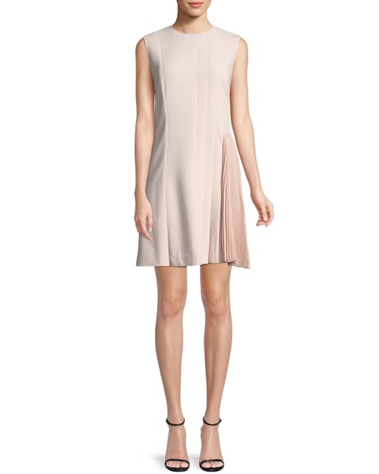 Theory Crewneck A-Line Admiral Crepe Pleated Day Dress | Neiman Marcus