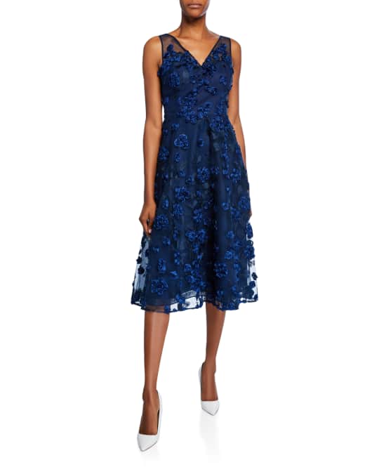 Rickie Freeman for Teri Jon Tulle Tea-Length Dress w/ Floral Appliques ...