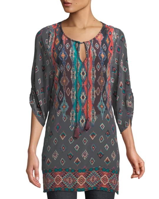 Tolani Saylor Ruched Sleeves Batik Print Silk Tunic Dress Neiman