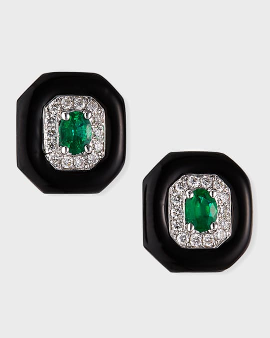 18k White Gold Oui Diamond & Emerald Stud Earrings