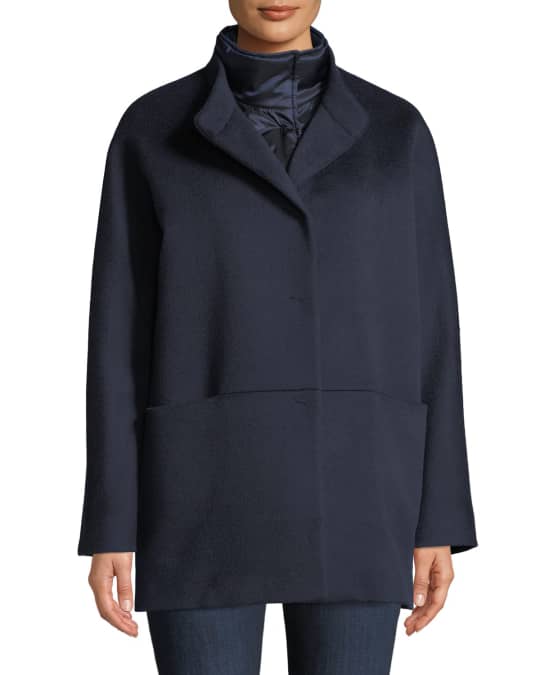 Button Front Wool Coat w Removable Nylon Bib