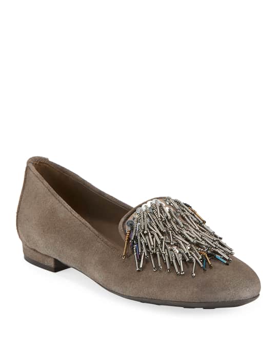 Kamile Embellished Suede Loafers, Taupe