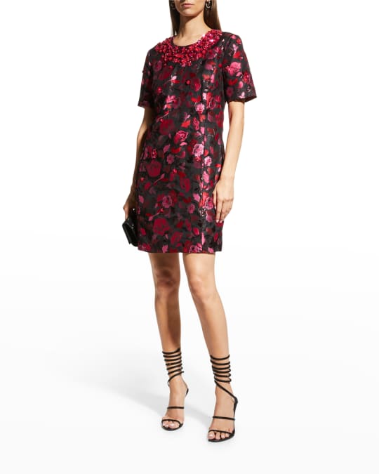Zac Posen 1/2-Sleeve Floral-Embroidered Jeweled-Neck Dress | Neiman Marcus