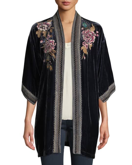 Quito Floral Embroidered Velvet Kimono w Border Stitching