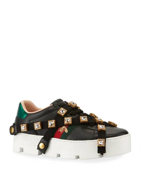 Gucci Leather Platform Sneakers with Detachable Jeweled Straps