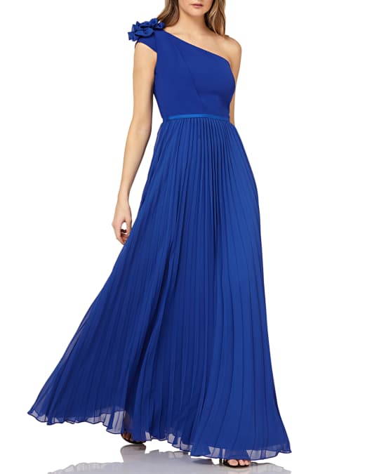 Kay Unger New York One-Shoulder Chiffon Gown w/ Pleated Skirt | Neiman ...