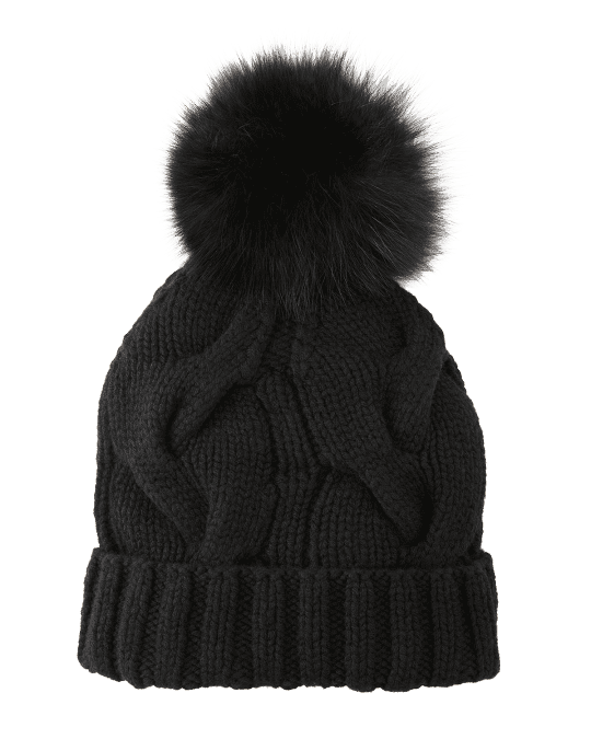 Loro Piana Cashmere Chunky Knit Beanie Hat w/ Fur Pompom | Neiman Marcus