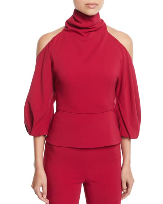 Turtleneck Cold-Shoulder Blouson-Sleeve Stretch-Fabric Top