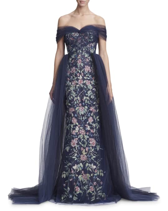 Marchesa Off-the-Shoulder Floral Tulle Evening Gown | Neiman Marcus