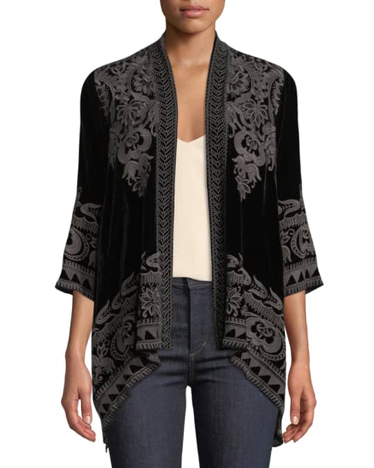 Johnny Was Plus Size Hirsch Embroidered Velvet Draped Cardigan