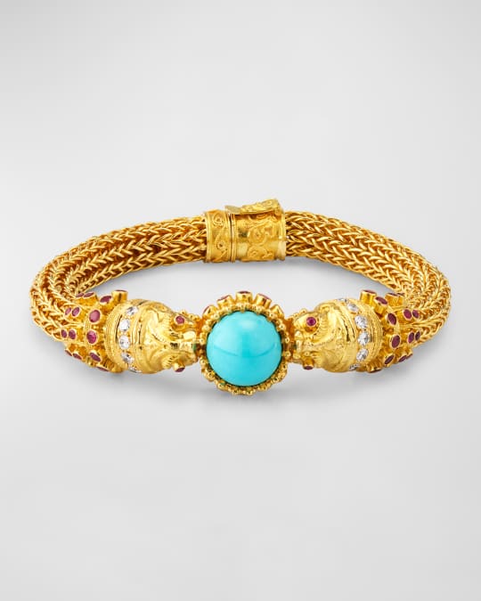Estate 18K Yellow Gold Turquoise and Ruby Tubular Mesh Bangle Bracelet with Diamonds 