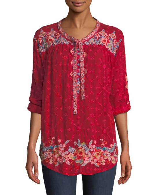Johnny Was Plus Size Gina Tie-Neck Embroidered Blouse | Neiman Marcus