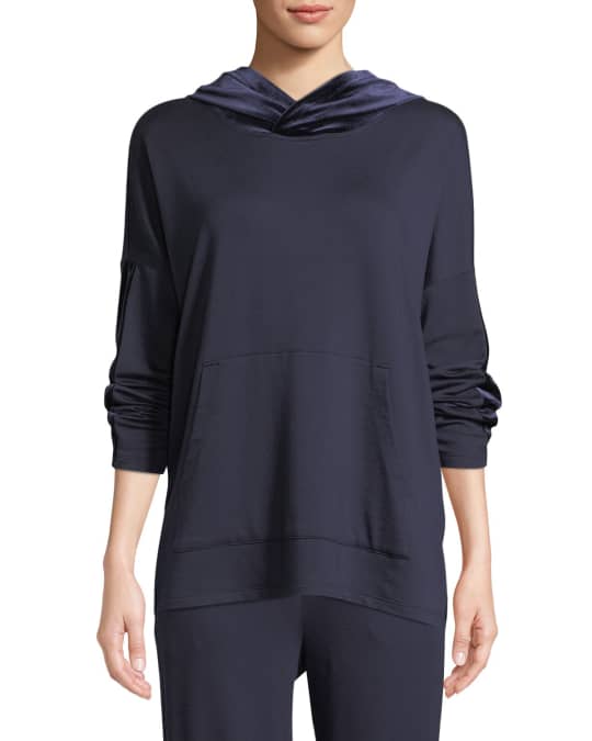 Eileen Fisher Velvet-Trim Hooded Terry Pullover Sweatshirt | Neiman Marcus