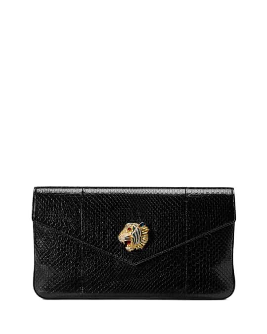 Gucci Rajah Snakeskin Envelope Clutch Bag In Black