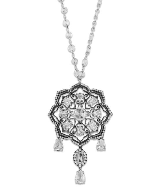 18k White Gold Diamond-Strand Floral Pendant Necklace