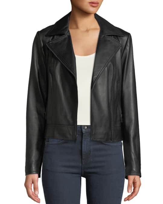 Neiman Marcus Leather Collection Asymmetric Zip-Front Long-Sleeve Lamb ...