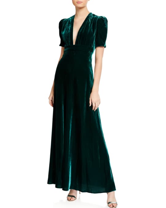 Velvet Puff Sleeve V Neck Gown