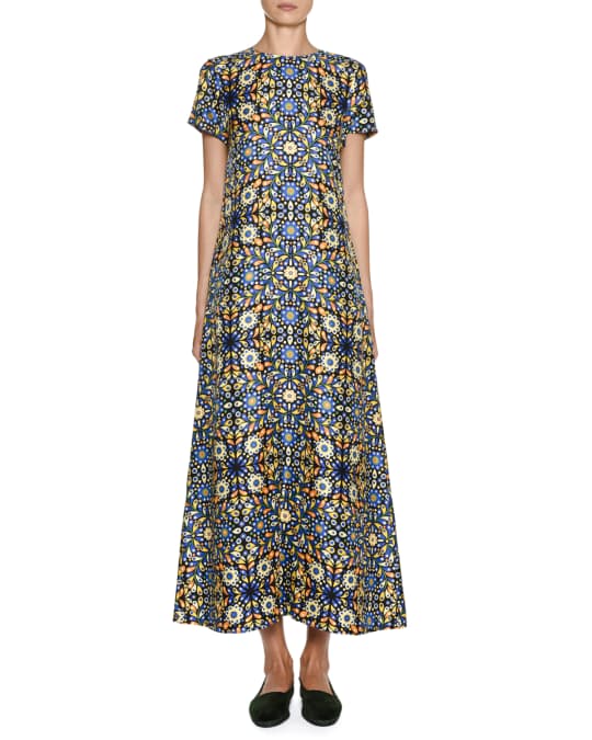 La DoubleJ Short-Sleeve Floral Swing Maxi Dress | Neiman Marcus
