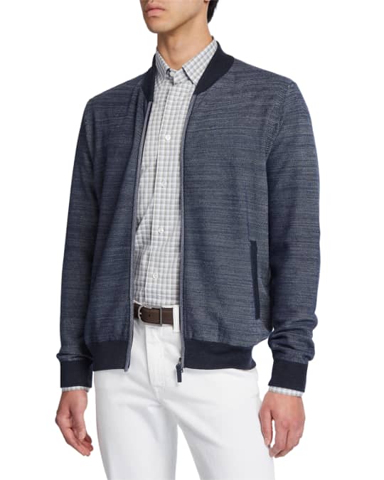 Men's Diagonal Weave Zip-Front Cardigan with Elbow Patches