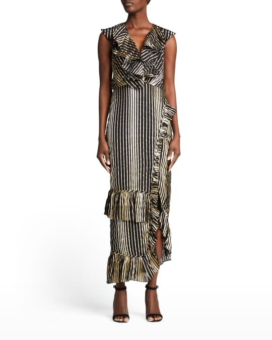 Saloni Anita Printed Metallic Ruffle Cocktail Dress | Neiman Marcus
