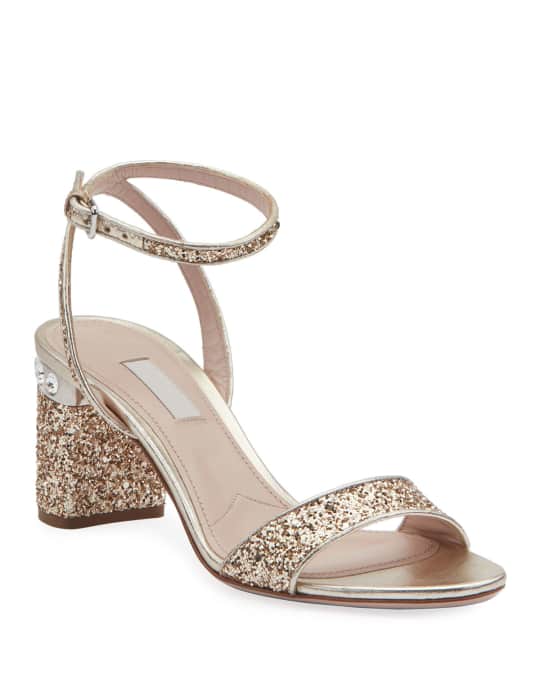 Miu Miu Glitter Crystal-Embellished Block-Heel Sandals | Neiman Marcus
