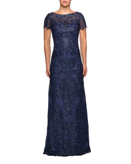 La Femme Boat-Neck Short-Sleeve Embroidered Lace & Sequin A-Line Gown ...