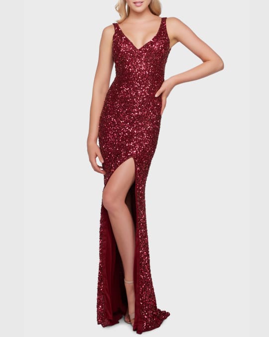 Sequin V-Neck Sleeveless Gown with Thigh Slit