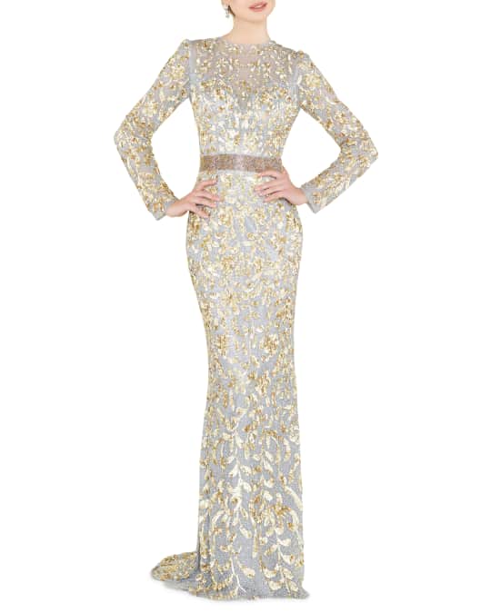 Mac Duggal Sequin High-Neck Long-Sleeve Illusion Gown w/ Open Back ...