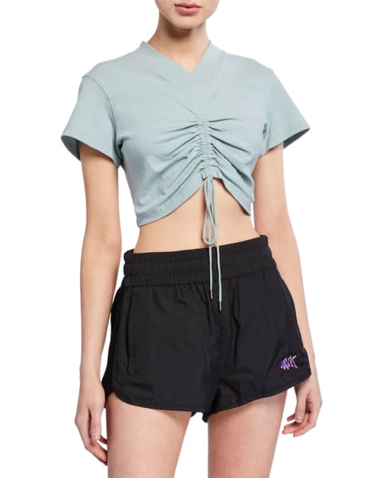 High Twist V-Neck Short-Sleeve Ruched Jersey Crop Tee w/ Ties