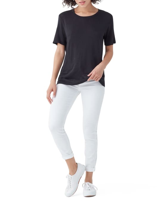 Splendid Women's Split Neck Short Sleeve Tee - Asymmetric Crewneck & Hem, Soft Striped Knit