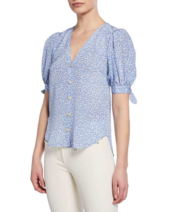 Veronica Beard Gizela Floral-Print Button-Front Puff-Sleeve Silk Blouse ...
