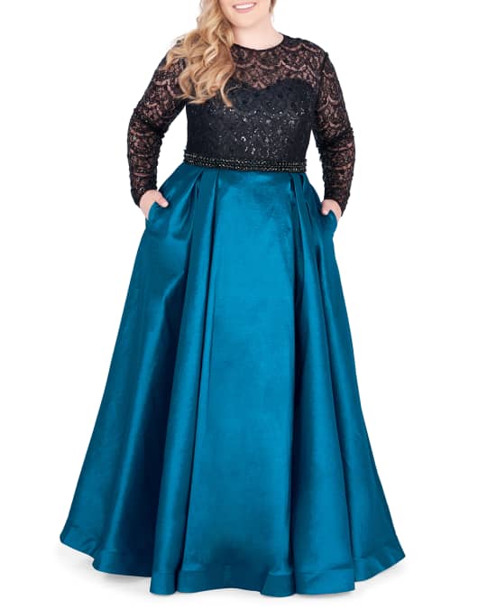 Mac Duggal Plus Size Long-Sleeve Satin Ball Gown with Sequin Bodice ...