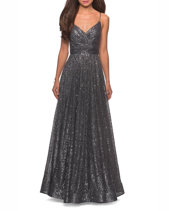La Femme Sequin V-Neck Sleeveless A-Line Gown with Ruched Bodice ...