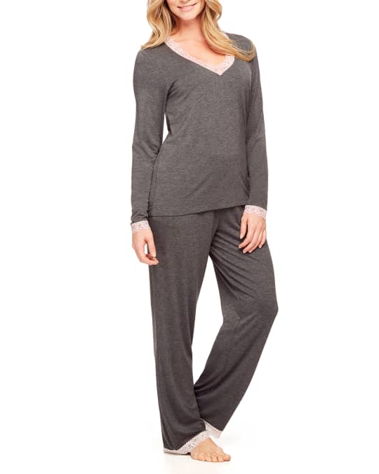 Fleur't Two-Piece Lace-Trim Pajama Set with Shelf Bra | Neiman Marcus
