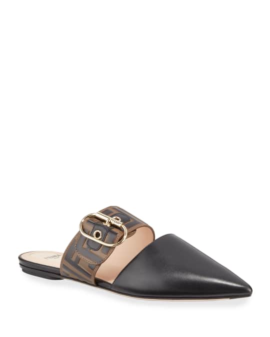 Fendi Leather Mules with FF Strap | Neiman Marcus