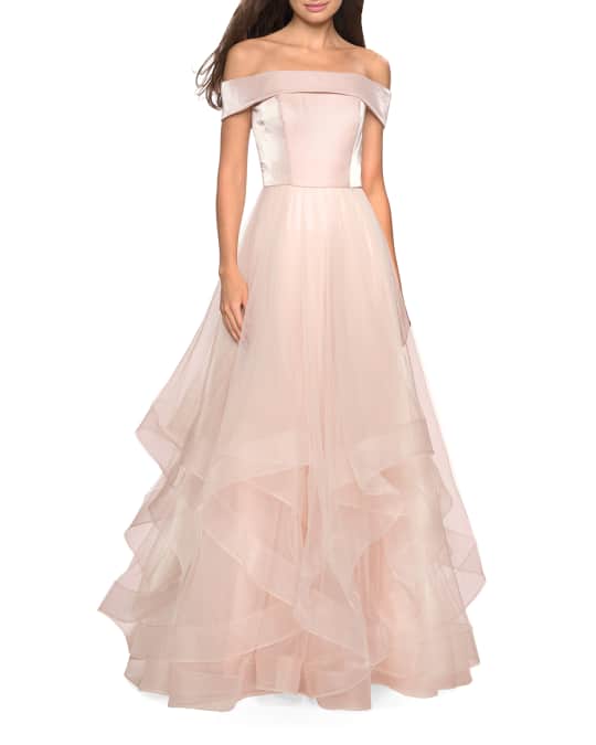 La Femme Off-the-Shoulder Banded-Sleeve Tulle Gown with Tiered Ruffle ...