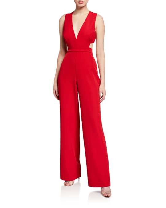 Aidan by Aidan Mattox Plunge-Neck Sleeveless Crepe Jumpsuit with ...