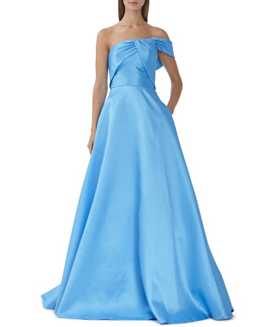 ML Monique Lhuillier One-Shoulder Mikado A-Line Gown | Neiman Marcus