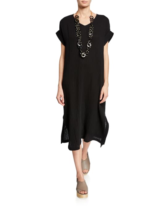 Eileen Fisher V-Neck Short-Sleeve Lofty Organic Cotton Midi Dress ...