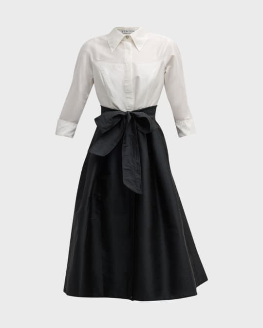 Two-Tone 3/4-Sleeve Taffeta Shirtdress