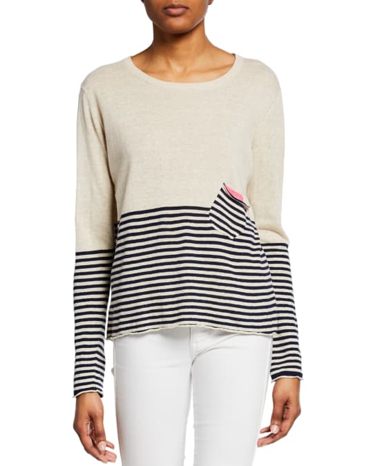Lisa Todd Half-Striped Long-Sleeve Linen-Cotton Sweater w/ Pocket ...