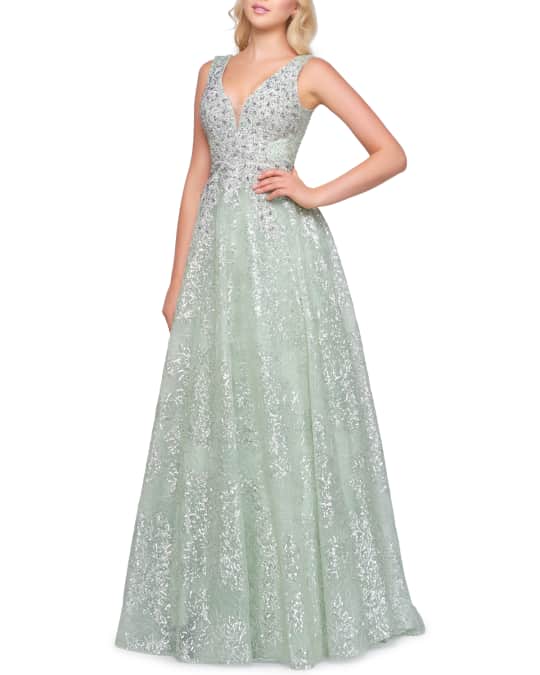 Sleeveless Beaded Plunging V Neck Gown