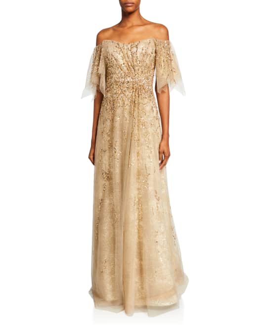 Rene Ruiz Collection Sheer Off-the-Shoulder Beaded Gown | Neiman Marcus