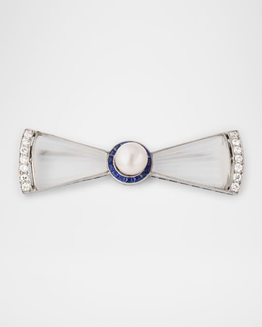 Estate Platinum Diamond and Pearl Bow Pin with Sapphires