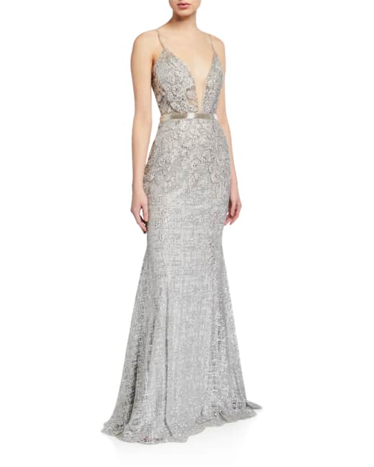 Jovani Beaded Metallic SpaghettiStrap Mermaid Dress Neiman Marcus