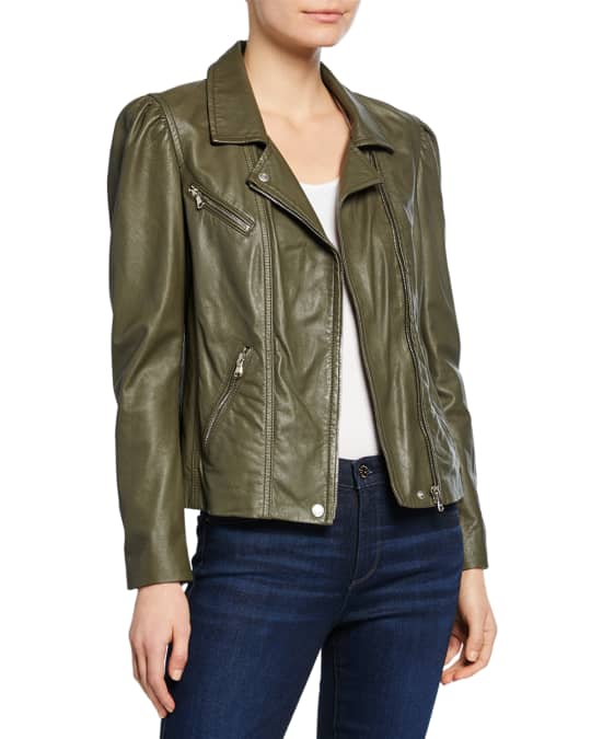 Rebecca Taylor Leather Biker Jacket with Puff Sleeves | Neiman Marcus