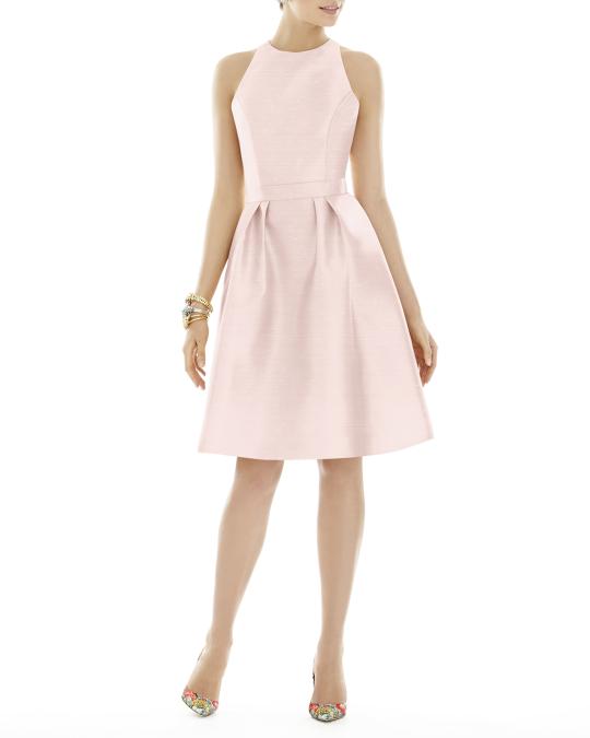 alfred sung fit and flare dress Strapless Satin Fit and Flare Dress with Crumb-Catcher Bodice
